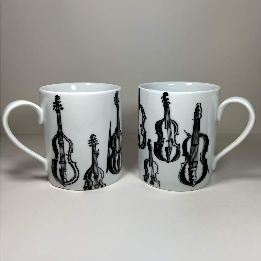 Vtg Russ Berrie Violin Viola Bass 2 Coffee Mugs White w/ Black Musical Graphics